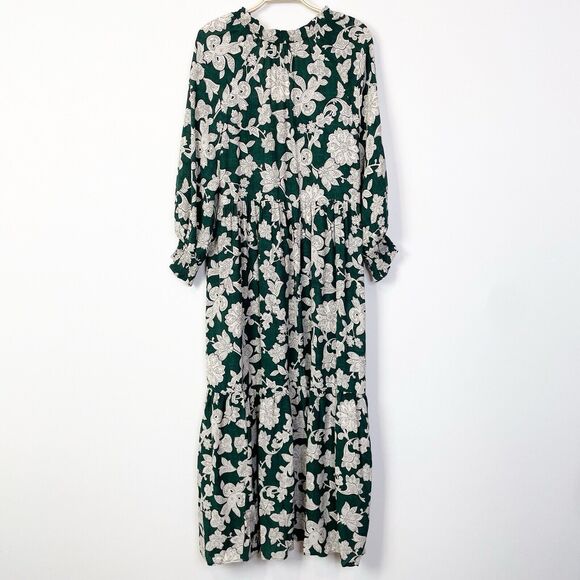 Zara Oversized Floral Print Tiered Midi Dress Plunge V-Neck Green Boho Medium - Picture 3 of 13